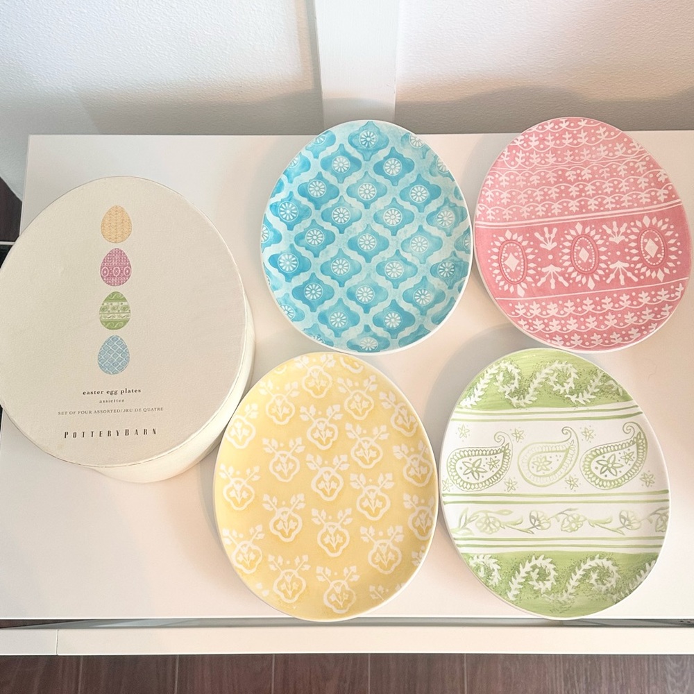 Pottery Barn Ceramic Colorful Easter Egg Shape Plate Set Pastel Yellow Pink Blue
